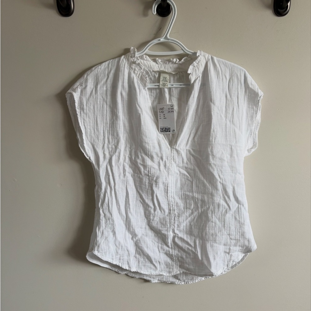H&M White Blouse with Ruffled Neckline